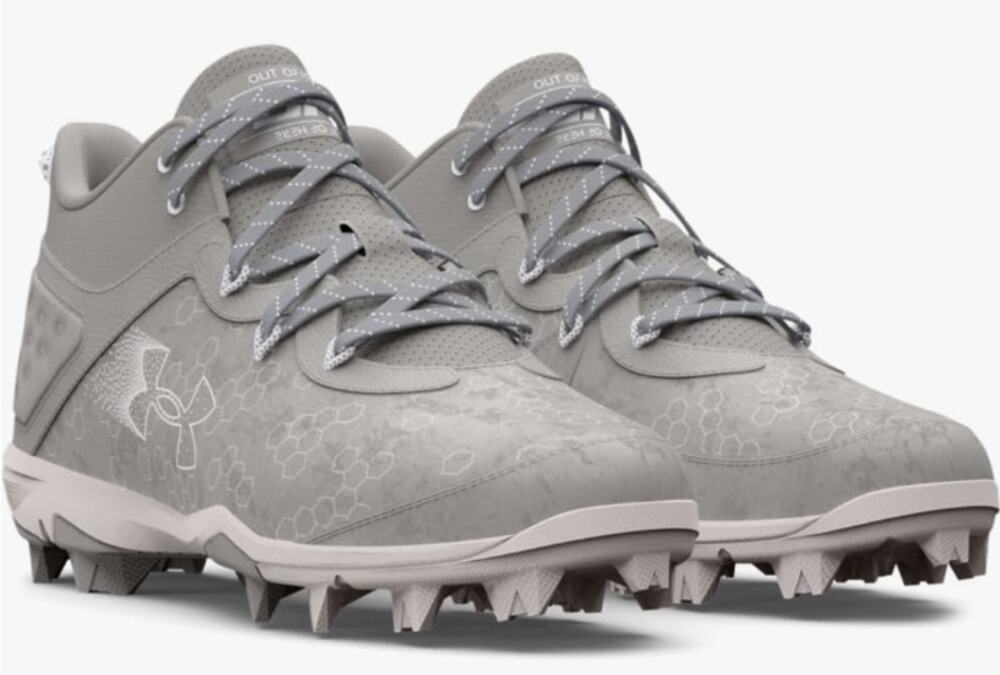 Men's size 10.5 Under Armour UA Harper 8 Mid RM Baseball Cleats Grey/White New